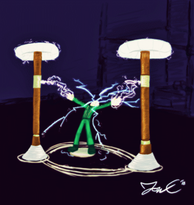Electro Charging by Jon Causith
A shot of Electro powering up between a pair of tesla towers.  Jon's design for Electro blends elements from various appearances he's had over the course of the Spider-Man comics.
