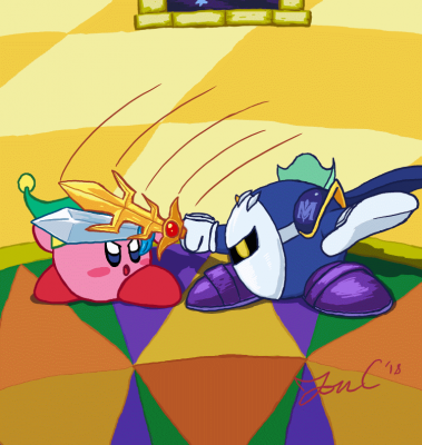 Kirby vs Meta Knight by Jon Causith
The color on this piece really makes it pop.  There was always something about the room you fought Meta Knight in in Kirby's Adventure that was just very striking and iconic.
