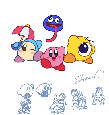 Kirby And Fam plus Over The Years by Jon Causith
A colored group shot of Kirby and friends from Jon's comics, as well as a series of Kirby and Dedede drawings showing how they've evolved over time! Kirby's..... been kinda constant.  But cute and friend-shaped all the same.
