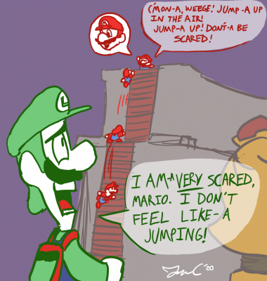 Luigi Don't Feel Like Jumping by Jon Causith
Poor Luigi, courage may not exactly be his forte, but he tries his best.
