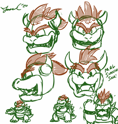 Bowser Further Practice by Jon Causith
More practice sketches of Bowser!  The colors here specifically make me think of how he looked in SMB3.
