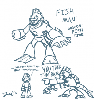 Fish Man by Jon Causith
Given his appearance in the credits of some of the earlier Mega Man games, there's always been a lot of designs thrown out there for Fish Man.  This one's rather cool, taking some inspiration from prototype Bubble Man designs, as well as Snake Man and Toad Man.  Turned out quite nicely!
