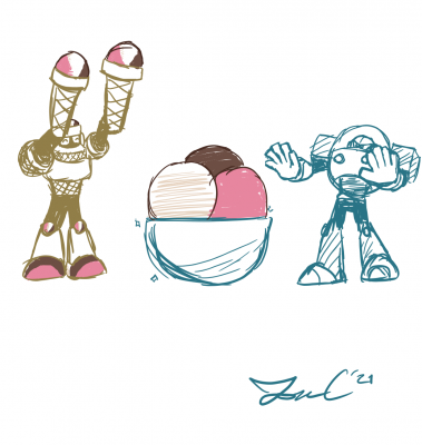 Tasty Team Up by Jon Causith
A nice little tag team of Neapolitan Man and Glass Man from MaGMML2 whipping up a nice tasty dessert.  Neapolitan is my usual birthday ice cream of choice, and hoo boy, the big four oh is coming up soon o.o;
