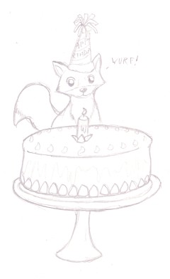 Birthday Foxxie
This was done actually as a gift for my friend Kitfox on his birthday.  I decided I'd draw something cute to make him happy, and thus this came about.  But what is Renard going to do with a cake bigger than him?  Renard (c) C. Hersey

