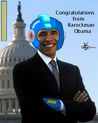 Barockman Obama by GandWatch
On my channel page, KamenRiderXDS mentioned a call from the president to congratulate me on finishing the Perfect Runs from MM10...  And thus, a presidential pun was born.
