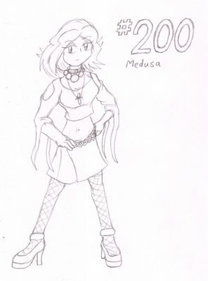 200 - Medusa
Here we have Medusa, the Misdreavus.  Dressing in a gothic style, she is a bit of a loner, though she will help out when she sees someone who needs it.  Definitely more of a night person, she is quite attracted to Alucard the Zubat.
