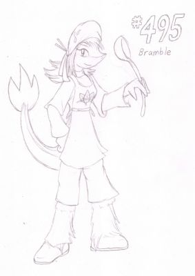 495 - Bramble
Been awhile since I've drawn one of my Pokémon, but here's Bramble the Snivy.  She's the wife of Motochika the Dewott, and quite a protective sort when her family is involved.  She enjoys cooking and being a mother, but cross her at your own peril.
