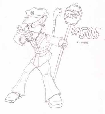 505 - Crosser
Here we have my Watchog, Crosser.  He works as an officer, mainly performing traffic duty, also acting as a crossing guard.  However, unknown to many, he also has a deal of stage talent, enjoying performing on stage on weekends.  (This personality quirk is actually due to the fact that I used Crosser for pretty much all the musicals I did on Black)
