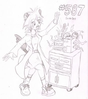 587 - Scarlet
Here we have my Emolga, Scarlet.  She yam a sci-yen-tist!  She enjoys working on machines and new inventions, but her experiments tend to zap her a bit more often than they should.  Being an electric type, she can pretty much laugh it off, but it does tend to catch her by surprise.  For those not in the know, she is named after the main squirrel girl from the webcomic Sequential Art.
