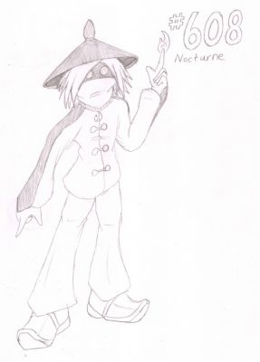 608 - Nocturne
Nocturne the Lampent is a young mage in training.  He specializes in fire magic.  While he has shown potential for great offensive power in his magic, he tends to feel more comfortable using spells for less destructive effects, such as lighting the way for friends.  He is quite shy, preferring to keep himself concealed with his clothes of choice.
