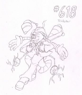 618 - Trickster
An eccentric inventor, Trickster the Stunfisk loves setting traps.  Often underestimated and seen as a coward by others, if he runs, it's best not to follow him.  Trickster is always looking for inspiration for new devices, often building new extentions into his backpack.  He has a habit of laughing gleefully any time he witnesses one of his devices working perfectly as planned.
