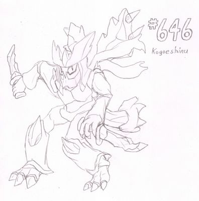 646 - Kogoeshinu
Given the stories in game surrounding the dangerous, deadly nature of Kyurem, I imagined mine as an assassin.  This further developed into an ice ninja, armed with twin frozen daggers.
