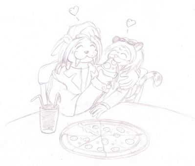 A Romantic Dinner of Pizza
Nathan and Tony actually met over pizza, so the food has always been special for them.  Nathan (c) C. Hersey, Tony (c) R. Mythril
