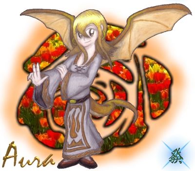Aura
Originally basically human, Aura had to take a special elixer to save her life.  Made from scales of powerful dragons, the end result gave her wings and a tail.  As it has been said that she puts the cute in dragon, she refers to herself now as a dragocuten.  Aura (c) C. Hersey
