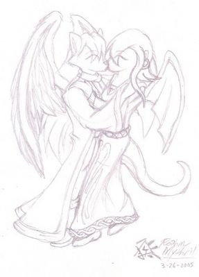 Auric Angelic
Aura is quite freely affectionate.  She seems to have spread this feeling around the complex as well!  Here she enjoys a nice kiss and embrace with Angel.  Angel and Aura (c) C. Hersey
