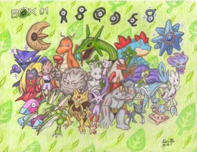 Box 01
Those that know me know I'm a bit of a Pokémaniac.  I'm one of those crazy types what wants to train every breed to Lv 100, and I'm pretty well on my way there, with 14 boxes full of Lv 100 Pokémon.  I decided to draw this, a group shot of all 30 Lv 100s from the first PC Box on my game, and I ended up liking the results enough to color it.
