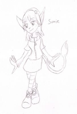 Sunie
This is concept art of a recently created character that came about through an odd series of events.  The name actually came first.  While playing Scrabble with my friends, when the tiles ran out, my last hand spelled SUNIE.  I mentioned this to Kit, saying it sounded like a cute name.  He agreed, and inspired by recently playing Radiant Historia, he decided she should be, as he dubbed it, an elfycat.  And thus cuteness happened.
