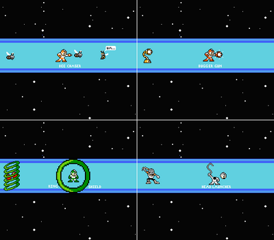 Enemy Weapons 3 by MegaBetaman
Here we have four more enemy-based weapons for Mega Man : the Bee Chaser, Bugger Gun (see another bit of MegaBetaman's art for details...), Ring Shield, and Head Launcher...  At least now we know where the 1ups come from!
