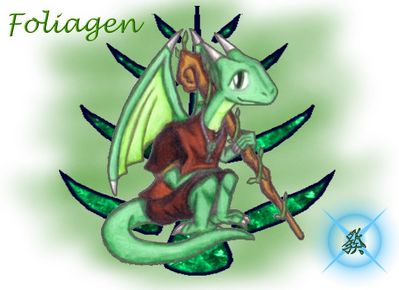 Foliagen
A respected gardener, Foliagen is the Chaos Dragon of Wood.  Usually quite meek and gentle, he has been known to show his temper when he sees nature being destroyed.  Foliagen (c) R. Mythril
