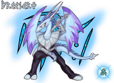 Freezero
A former palace guard, Freezero is the Chaos Dragon of Ice.  Very subdued, it is difficult to get a fix on his true emotions.  Imposing to enemies and friends alike, Freezero is one dragon you don't want against you in a fight.  Freezero (c) R. Mythril

