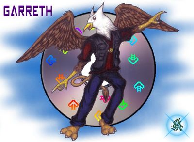Garreth
Garreth is a gryphon with a love for the night life.  He does turntables for a local band, and can often be found playing DDR.  Garreth (c) R. Mythril
