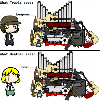 Heather vs Travis by DelralionV2
It's true what they say, one man's trash is another man's... weapon cache?...
