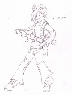 Jitterjam
Here we have Kit's Galvantula, Jitterjam.  Due to it's twitchy, fidgety movements, I imagined him being rather nervous.  His backpack gun (...what else would you call something like that?) symbolizes his various electric and shot type moves.

