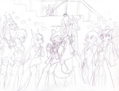Love is in the Air
Celeste is very much a champion of love.  And she will do anything to prove it.  A little fishing line, some mistletoe, and it's open season on the heroes of the complex.  Celeste, Kitfox, Angel, Azuri, Lynn, Aura (c) C. Hersey, Roahm, Echo (c) R. Mythril
