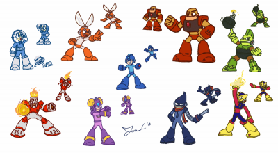 Mega Man 1 Robot Masters in 11 Style v2 by Jon Causith
A second version of the colors, the main difference being that Bomb Man's colors were changed to stand out a little more against the rest of the crew.  Amusingly, it reminds me of his colors in Captain N ^_^;
