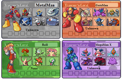 Mega Man Trainer Cards 1 by TPPR10
These seem like fitting teams for everyone involved.  Nice touch making Metal Man's team mono Steel.
