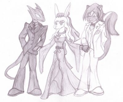 Neutral Shades
Alice has a very interesting situation on her hands.  She has fallen in love with two guys at once.  Fortunately, they like each other two, so they work well as a threesome.  The shadow lizard there is Void, the alternate personality of Kilik.  So here they are, split apart, and sharing a rabbit girlfriend!  Kilik, Void (c) C. Hersey, Alice (c) R. Mythril
