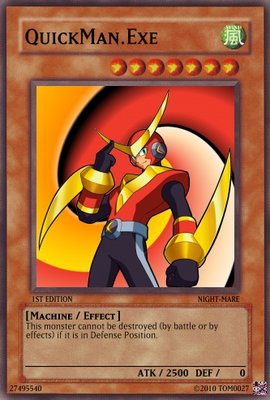 QuickMan EXE Card by Tom0027
I like the detail on this, specificially mentioning that, while in defense, he cannot be hit, referencing the fact that you cannot harm him unless he's actively moving or attacking.
