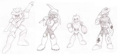 A Few Custom Robot Masters
Here are a few of my own Robot Masters.  Meet Origami Man, Met Man, Fruit Man, and Vegas Man.
