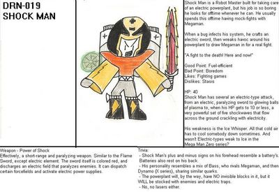 Shock Man by cardmaster9
Here we have a new Robot Master, the electric samurai, Shock Man!  I rather like this design.
