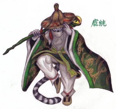 Pang Tong
Druingey as Pang Tong from Dynasty Warriors.  Both have a mysterious air to them, so it seemed a good choice to use the secretive lemur as the awesome wind sorcerer.  Druingey (c) C. Hersey, Dynasty Warriors (c) Koei
