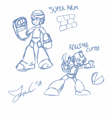 Super Arm & Rolling Cutter by Jon Causith
Jon decided to try drawing some of the old Robot Master weapons with Mega Man doing as he does in 11, copying some attributes of the Robot Masters themselves.  I'm quite interested to see more of these!
