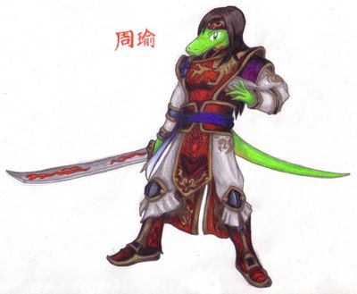 Zhou Yu
Masamune as Zhou Yu from Dynasty Warroirs.  Zhou Yu is portrayed in the games as a wise advisor who wields a sword.  Thus, I chose to use Masamune, a martial arts instructor who imparts wise advice to his students.  Masamune (c) R. Mythril, Dynasty Warriors (c) Koei
