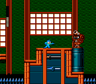Kunai Man Stage pt 3 by Hfbn2
Here we have another bit of Kunai Man's stage, showing a new enemy type.  But is that just a pedestal of sorts for the cannon, or is that more of a jumper body ala Big Eye?  Either way it should prove interesting to see what it can do.
