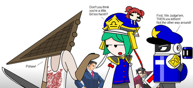 The System Works by GandWatch
Effective though it may be, it seems neither Shikieiki nor Fake Man approve of Pyramid Head's methods of justice...
