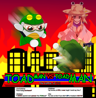 Toad Man vs Toad Man by GandWatch
An epic encounter of toad-ish proportions is brewing!  It seems a possible crossover is in the words between Neo and cooljobsrule.  What does this mean for our friendly Toad Man and Suwako?
