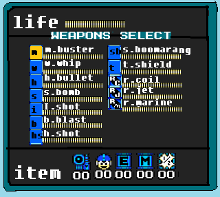 Pause Screen by thesonicgalaxy
It seems we have a list of weapons here... though admittedly I'm not sure what any of them are ^_^;  Perhaps they relate to thesonicgalaxy's Robot Masters?
