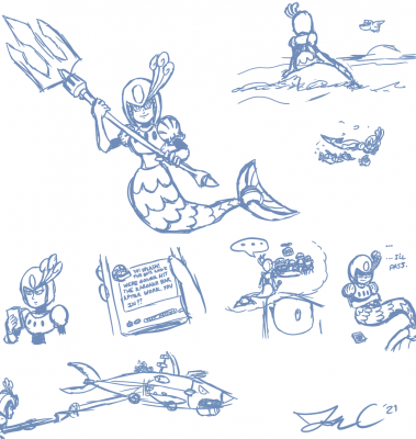 Splash Woman Sketch Page by Jon Causith
While normally Jon lets a randomizer pick Robot Masters he'll dedicate sketch pages to, he really wanted to draw Splash Woman in a few different poses and situations as his favorite from MM9.
