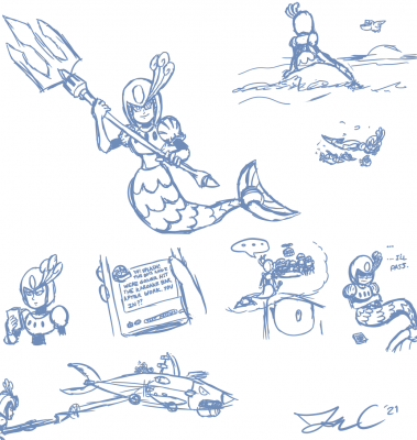 Splash Woman Sketch Page by Jon Causith
While normally Jon lets a randomizer pick Robot Masters he'll dedicate sketch pages to, he really wanted to draw Splash Woman in a few different poses and situations as his favorite from MM9.
