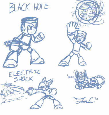 MMV Weapons in MM11 Style Part 2 by Jon Causith
Here we have armor styles based on Black Hole and Electric Shock from MMV.  Adapting Saturn's ring to Mega Man's buster was a challenge Jon wanted to try to work with.  Also, bonus Tango!
