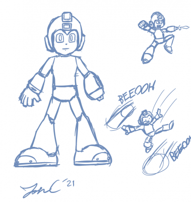 Mega Man Page (Post MM2 Speedrun Attempt) by Jon Causith
Some nice practice poses of the blue bomber!  Also, fear of force beams.
