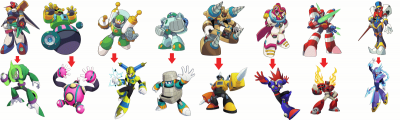 Robot Master Evolution by Eddy64
Be it elements or overall body shapes, there are a few similarities here and there between the MM&B and 11 casts.  Though admittedly the Tengu / Acid comparison might be the odd one out to me.

