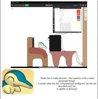 Cyndaquil Commentary by aneesh1729
So evidently on "fun with wolfram alpha," there's a bit of an easter egg : you can type in the name of any Pokémon, even specific forms like Mega Evolutions, and it will draw a graph of that Pokémon.  So here we have Cyndaquil commenting on their own graph.
