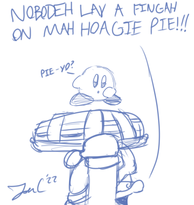 Hoagie Pie by Jon Causith
This evidently came up while Jon played Tilt 'n Tumble with a friend.  Is there nothing Dedede won't try eating?  Well, as long as he gets to it before Kirby...
