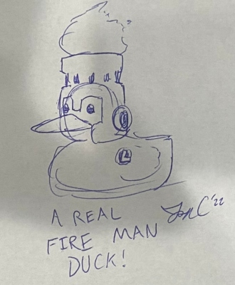 Fire Man Duck by Jon Causith
While listening to my recent updates video where I was playing Placid Plastic Duck Simulator, Jon heard me mention the Fireman Duck.  And thought instead of the Robot Master.  A duck carrying the FLAMES O' JUSTICE!
