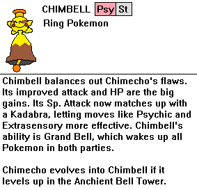 Chimbell by Dragoonknight717
It's interesting to see some custom Pokemon evolutions like this.  Poor Farfetch'd, seems about the only chance he'd have of getting one..  This does remind me though that I need to train my Chimecho sometime.  They're quite cute.
